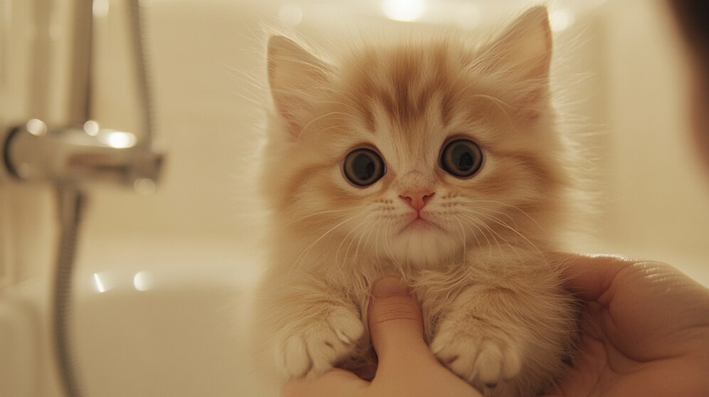 beautiful brown kitten sit on the hand