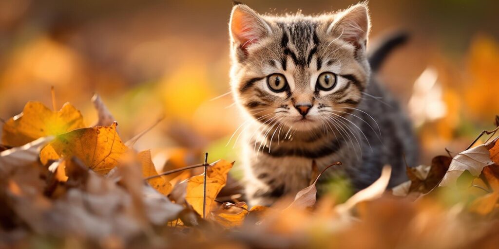 brown cute kitten playing in the autumn leaf