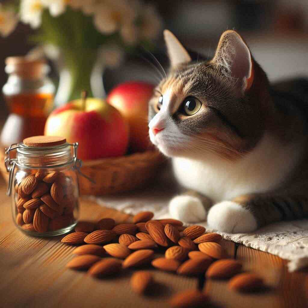 Cat inspecting almonds, wondering if they are safe for feline consumption.