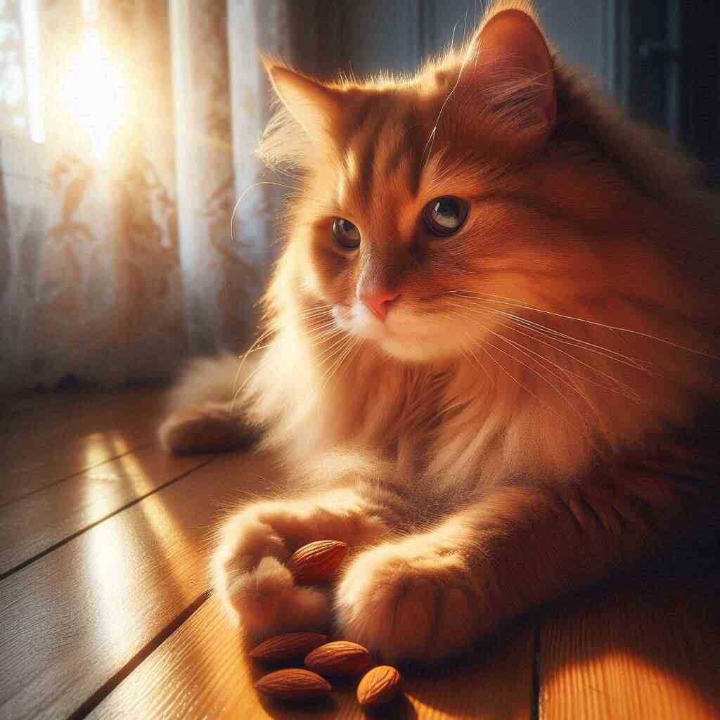 Curious cat looking at almonds, questioning whether they are safe to eat.