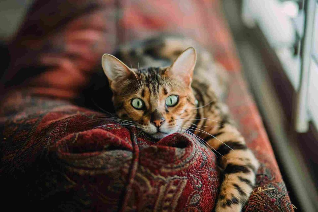 Close-up of a cat engaged in play, surrounded by various enrichment toys, showcasing its curious and playful nature.