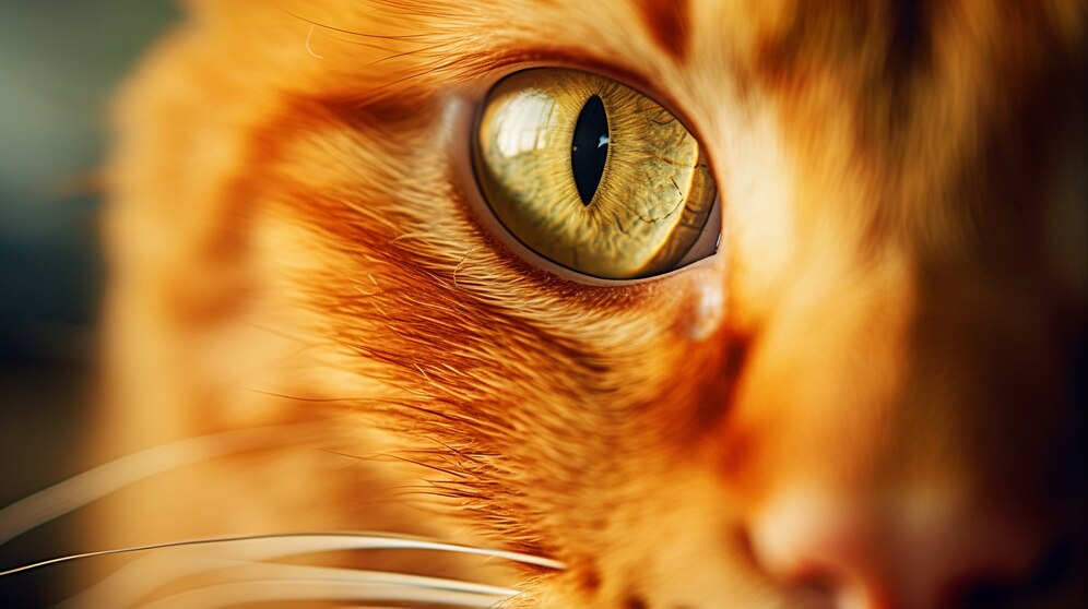 A close-up of a cat with striking amber-colored eyes, short fur, and a calm expression, sitting on a sunny windowsill.