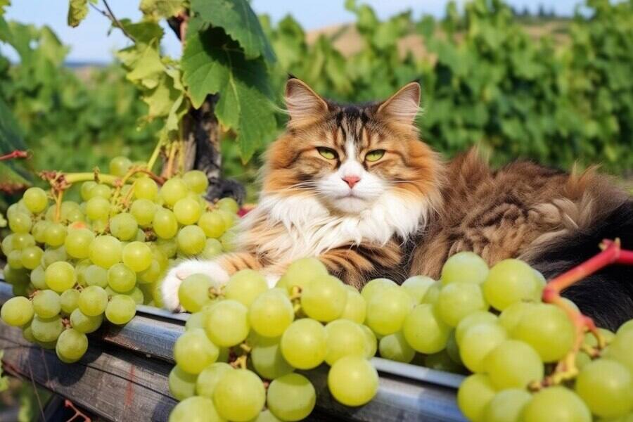 Two curious cats sniffing a bunch of grapes, showcasing their inquisitive nature.